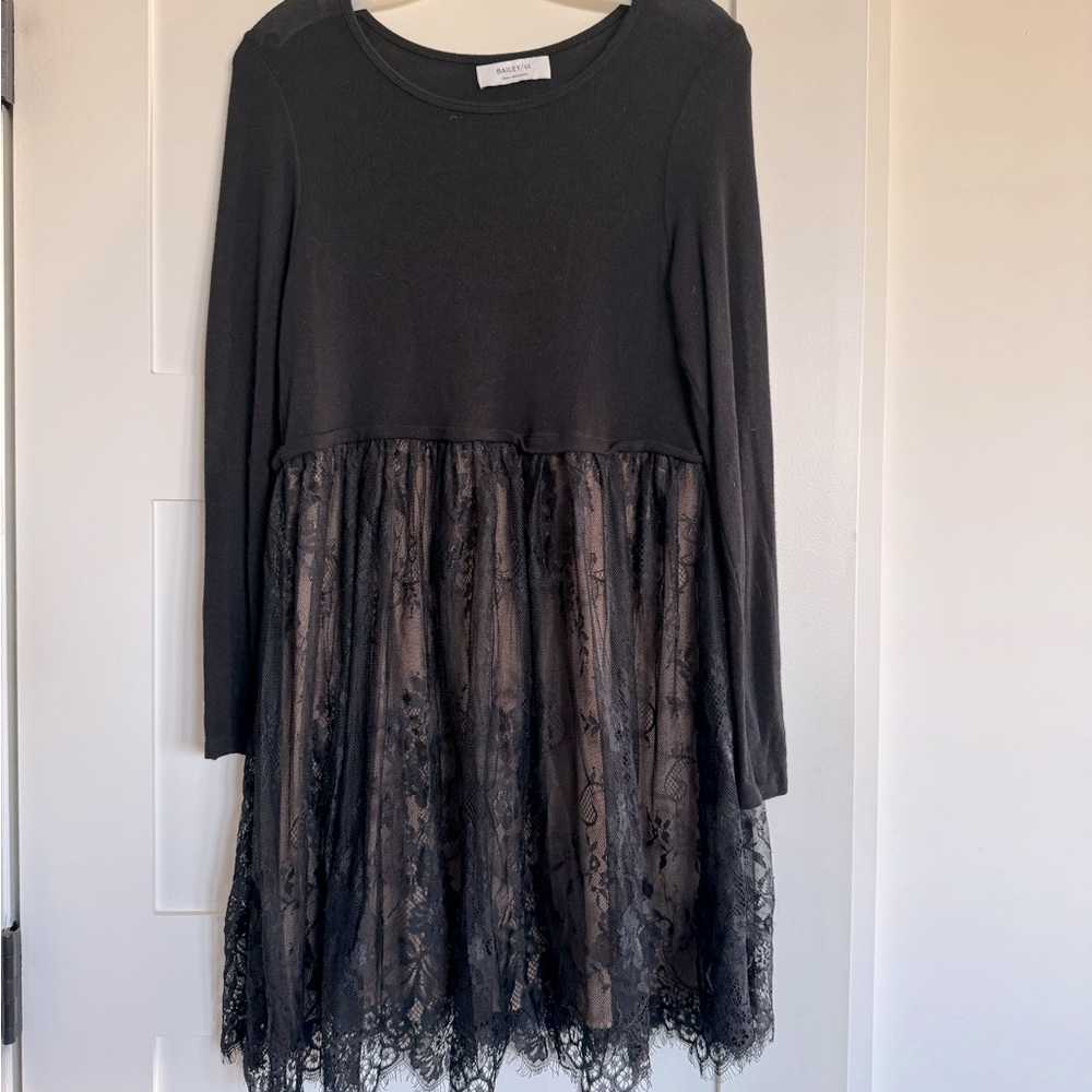 Black sweater dress with lace skirt with attached nude slip (under skirt).